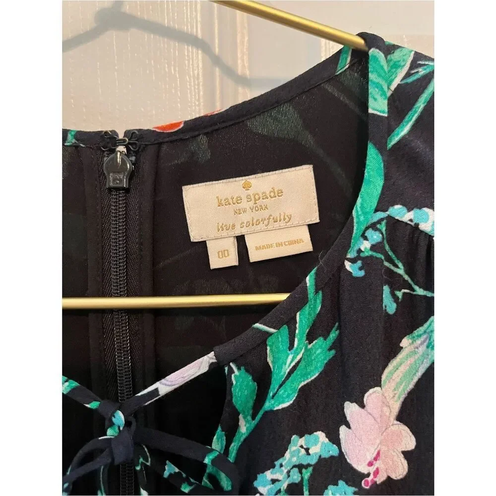 Kate Spade Hummingbird Floral Romper Black Crepe Tassel XS